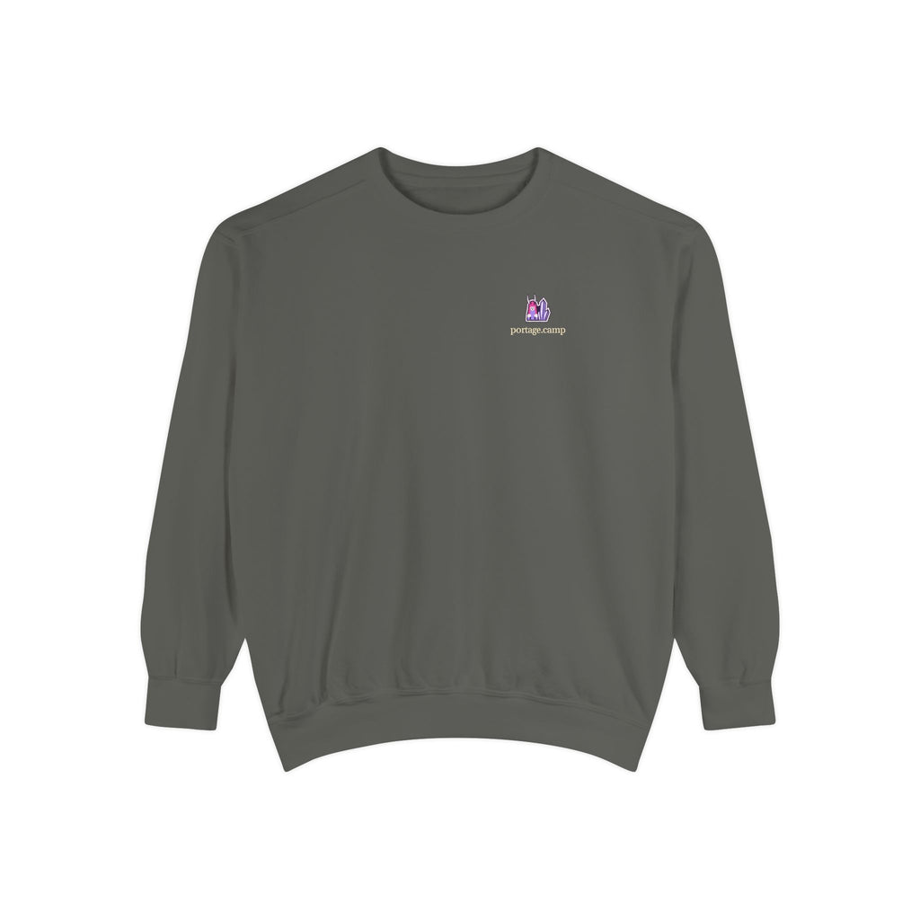 Amethyst After Hours Garment-Dyed Crewneck in Pepper, front view with the Amethyst After Hours logo and portage.camp on the chest. Digital product mockup.