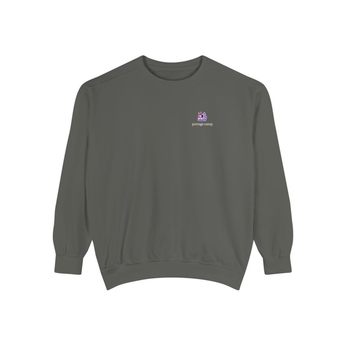 Amethyst After Hours Garment-Dyed Crewneck in Pepper, front view with the Amethyst After Hours logo and portage.camp on the chest. Digital product mockup.