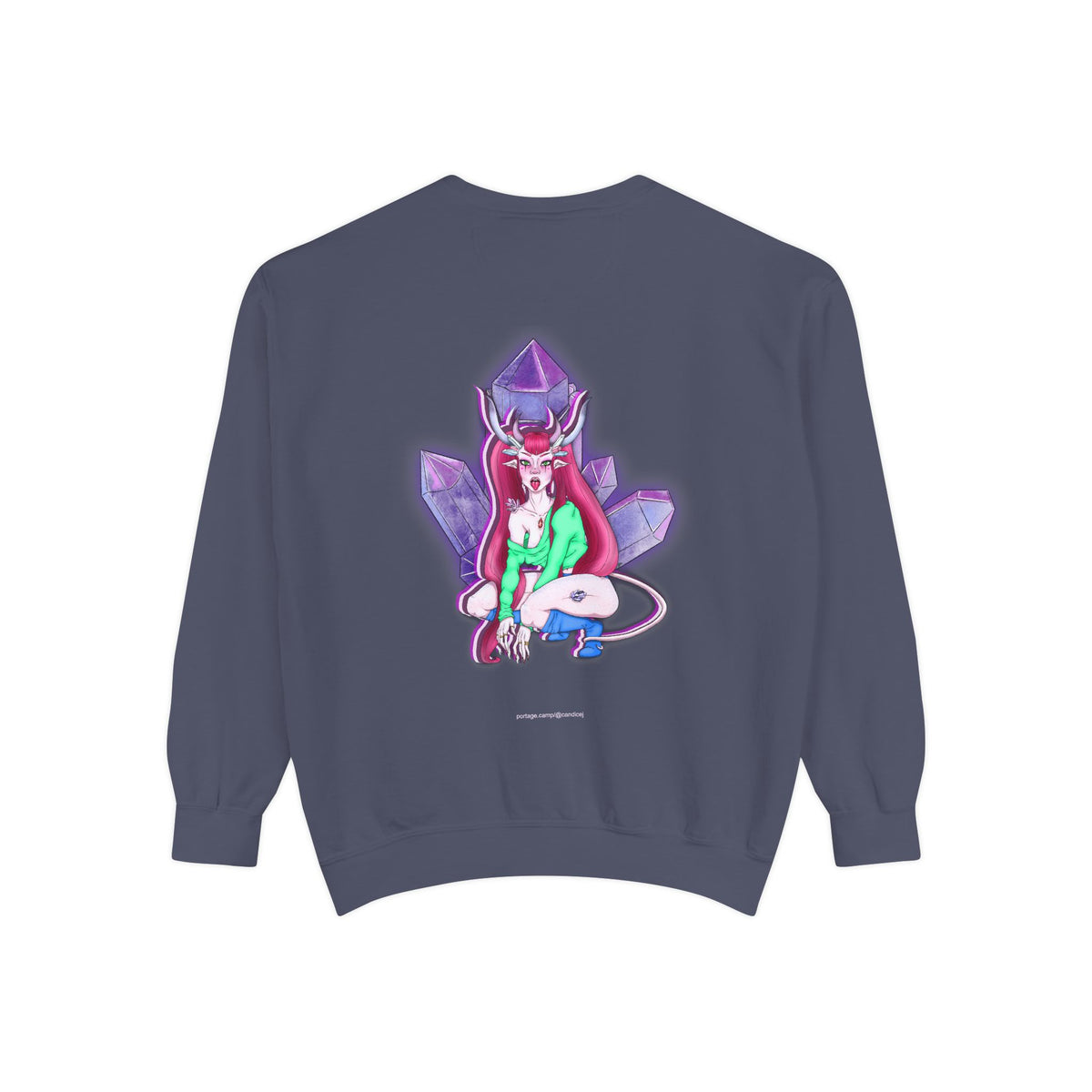 Amethyst After Hours Garment-Dyed Crewneck in Denim, back view with the large illustrated print. Digital product mockup.