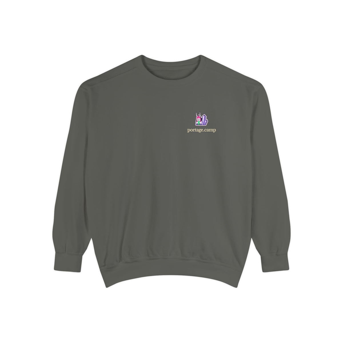 Amethyst After Hours Garment-Dyed Crewneck in Pepper, front view with the Amethyst After Hours logo and portage.camp on the chest. Digital product mockup.