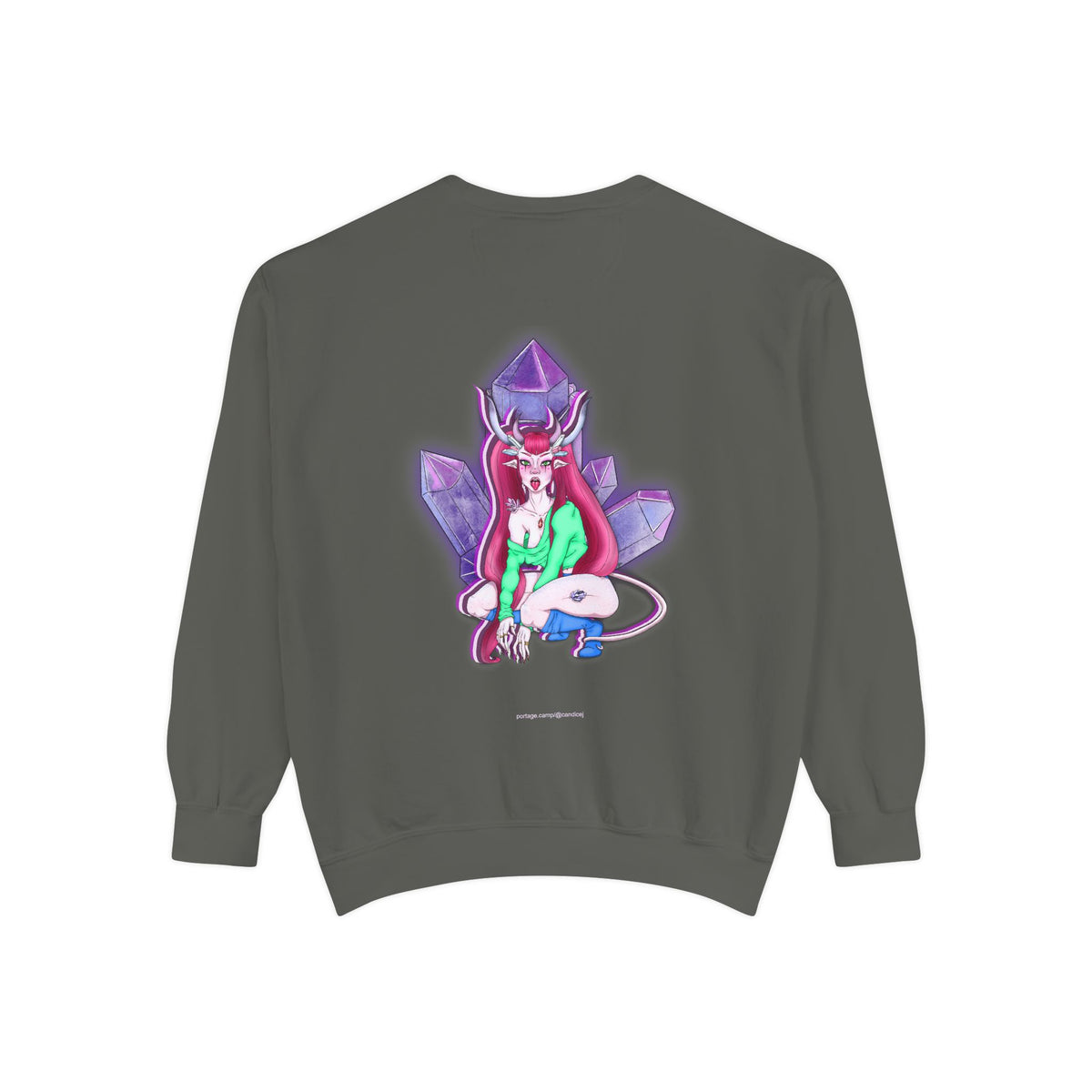 Amethyst After Hours Garment-Dyed Crewneck in Pepper, back view with the large illustrated print. Digital product mockup.