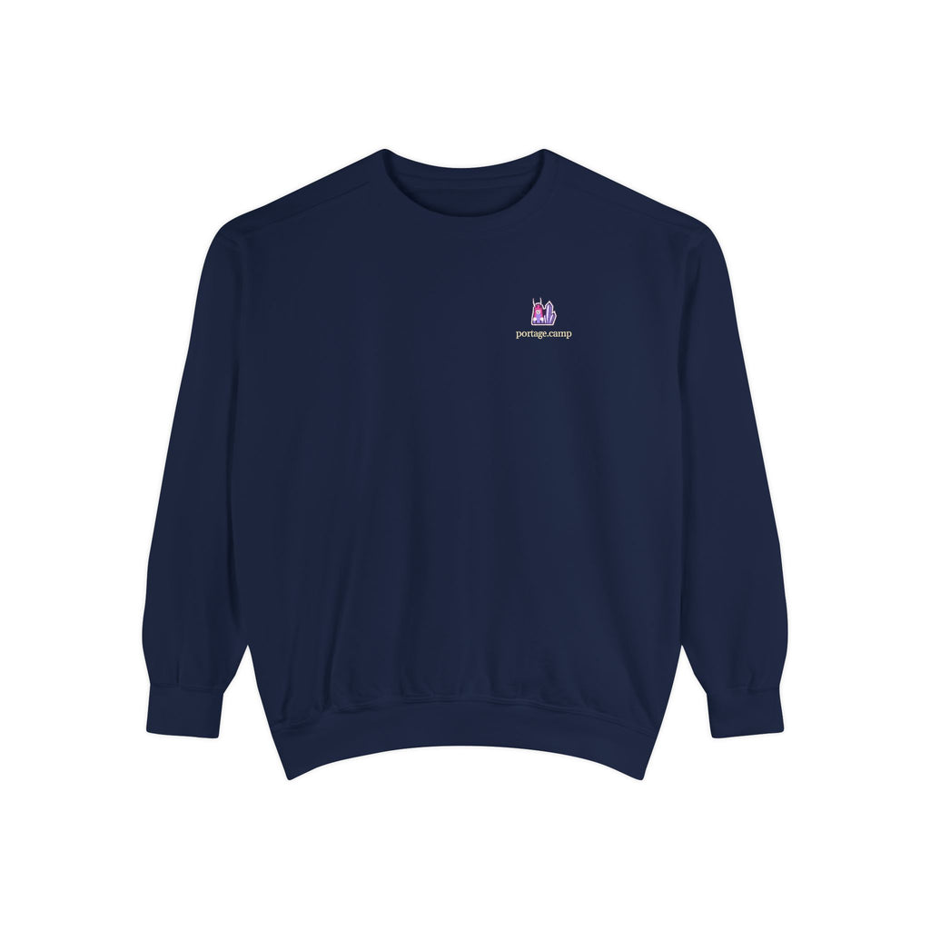 Amethyst After Hours Garment-Dyed Crewneck in True Navy, front view with the Amethyst After Hours logo and portage.camp on the chest. Digital product mockup.