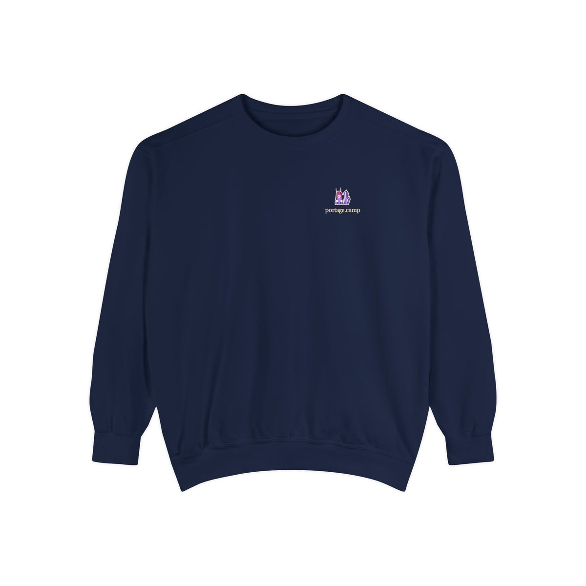 Amethyst After Hours Garment-Dyed Crewneck in True Navy, front view with the Amethyst After Hours logo and portage.camp on the chest. Digital product mockup.