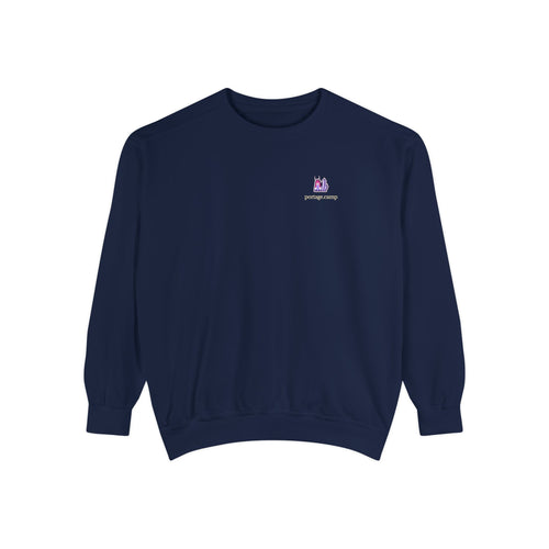 Amethyst After Hours Garment-Dyed Crewneck in True Navy, front view with the Amethyst After Hours logo and portage.camp on the chest. Digital product mockup.