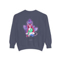 Amethyst After Hours Garment-Dyed Crewneck in Denim, back view with the large illustrated print. Digital product mockup.