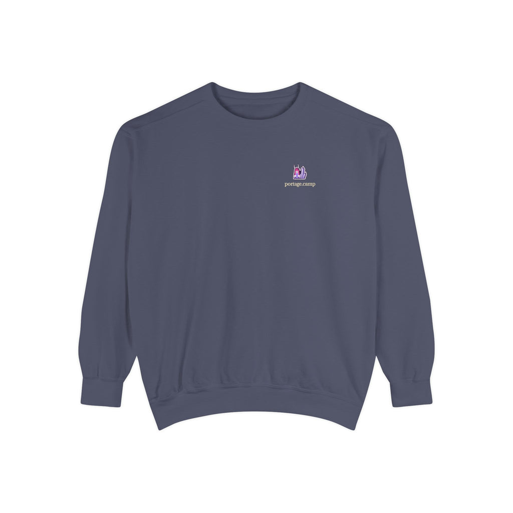 Amethyst After Hours Garment-Dyed Crewneck in Denim, front view with the Amethyst After Hours logo and portage.camp on the chest. Digital product mockup.