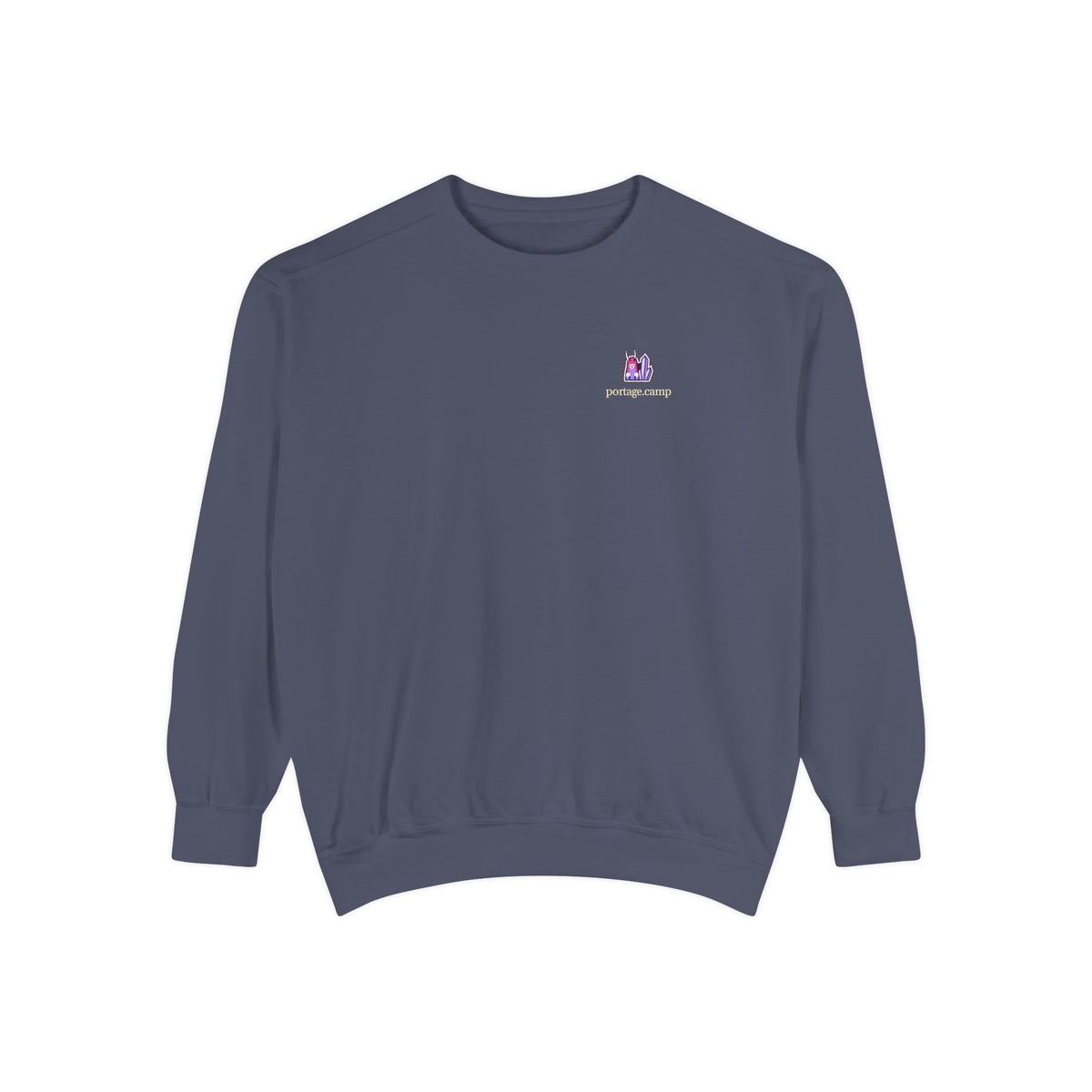 Amethyst After Hours Garment-Dyed Crewneck in Denim, front view with the Amethyst After Hours logo and portage.camp on the chest. Digital product mockup.