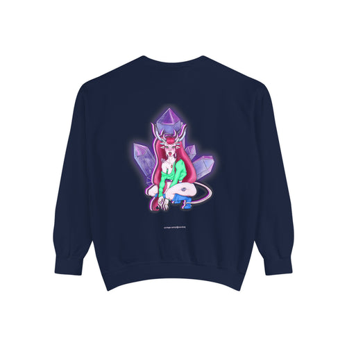Amethyst After Hours Garment-Dyed Crewneck in True Navy, back view with the large illustrated print. Digital product mockup.