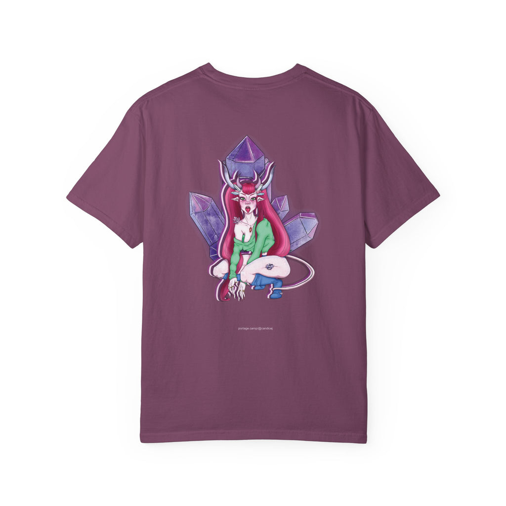 Amethyst After Hours Garment-Dyed Tee in Berry, back view with the large illustrated print. Digital product mockup.