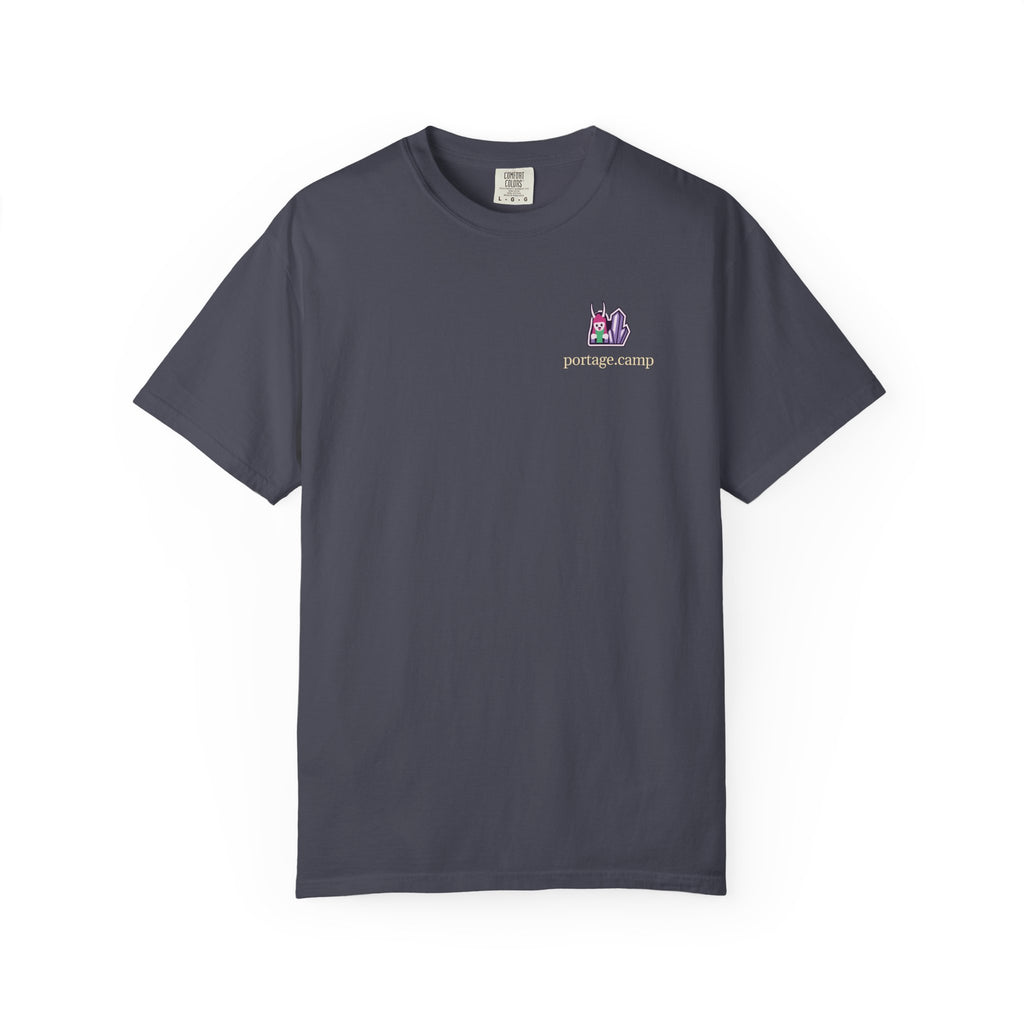 Amethyst After Hours Garment-Dyed Tee in Navy, front view with the Amethyst After Hours logo and portage.camp on the chest. Digital product mockup.