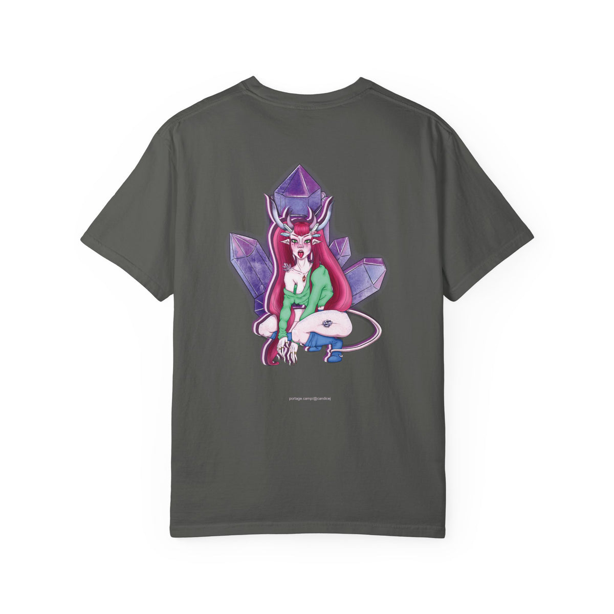 Amethyst After Hours Garment-Dyed Tee in Pepper, back view with the large illustrated print. Digital product mockup.