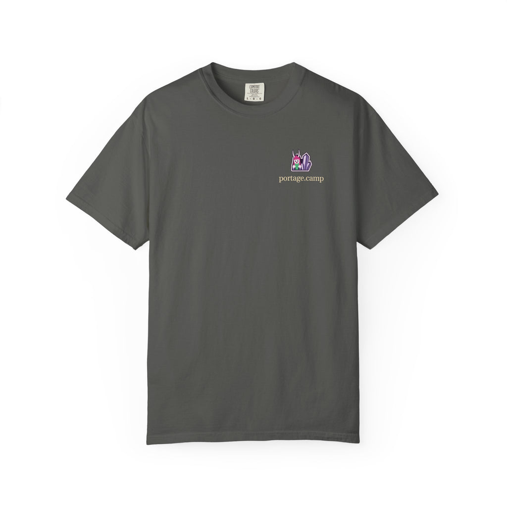 Amethyst After Hours Garment-Dyed Tee in Pepper, front view with the Amethyst After Hours logo and portage.camp on the chest. Digital product mockup.