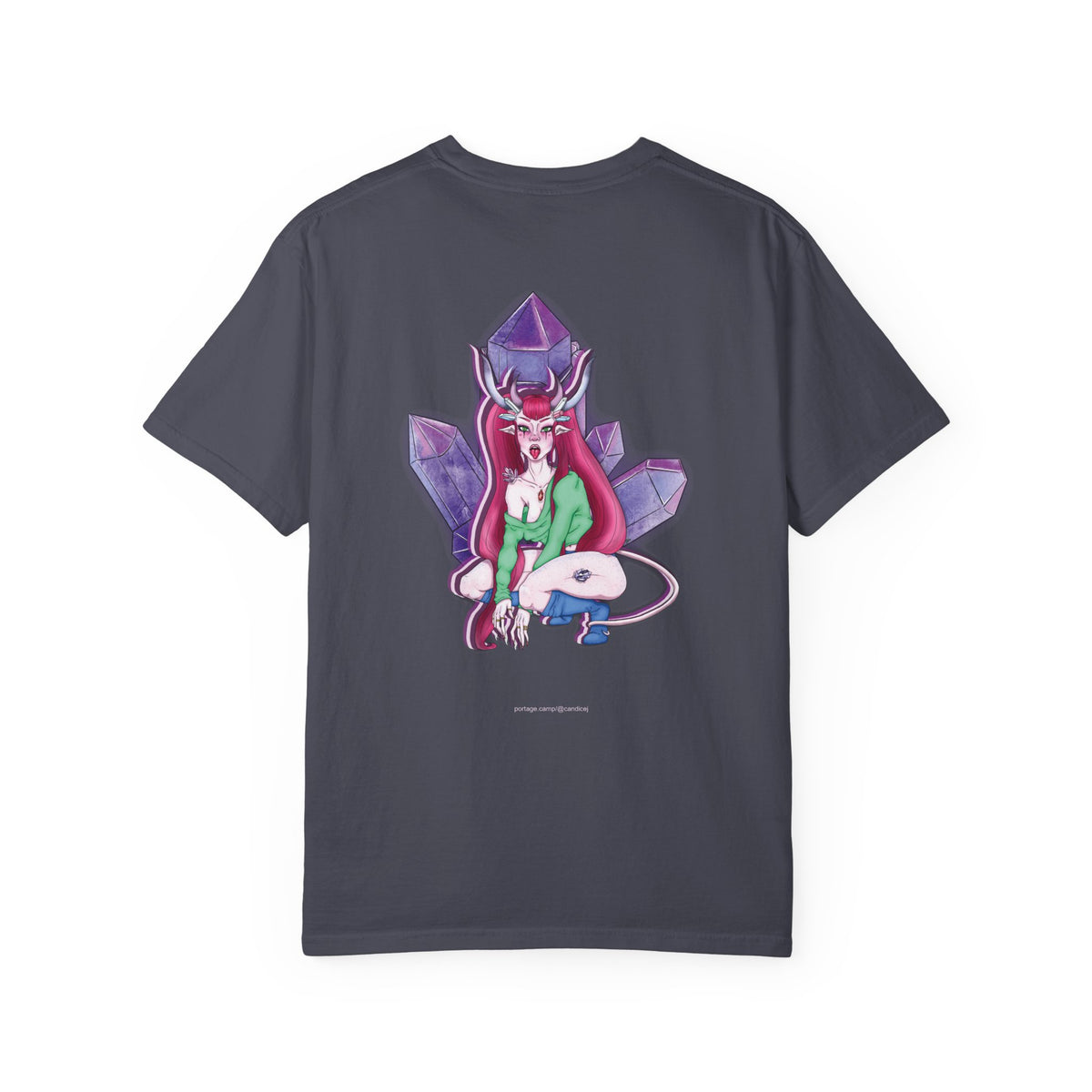 Amethyst After Hours Garment-Dyed Tee in Navy, back view with the large illustrated print. Digital product mockup.