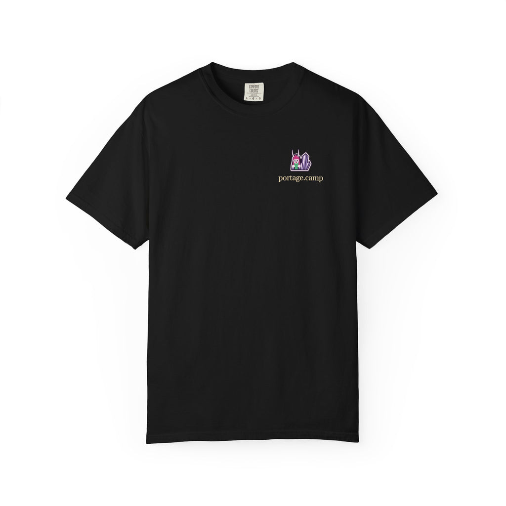 Amethyst After Hours Garment-Dyed Tee in Black, front view with the Amethyst After Hours logo and portage.camp on the chest. Digital product mockup.