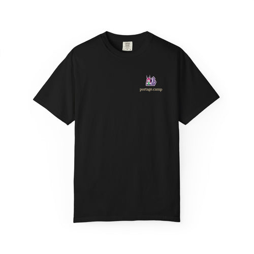 Amethyst After Hours Garment-Dyed Tee in Black, front view with the Amethyst After Hours logo and portage.camp on the chest. Digital product mockup.
