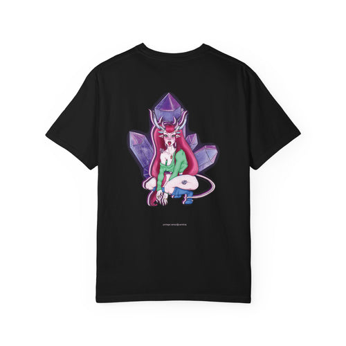 Amethyst After Hours Garment-Dyed Tee in Black, back view with the large illustrated print. Digital product mockup.