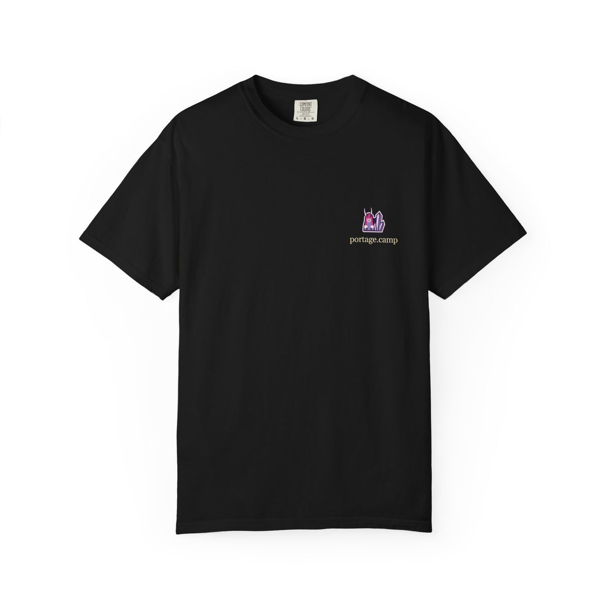 Amethyst After Hours Garment-Dyed Tee in Black, front view with the Amethyst After Hours logo and portage.camp on the chest. Digital product mockup.