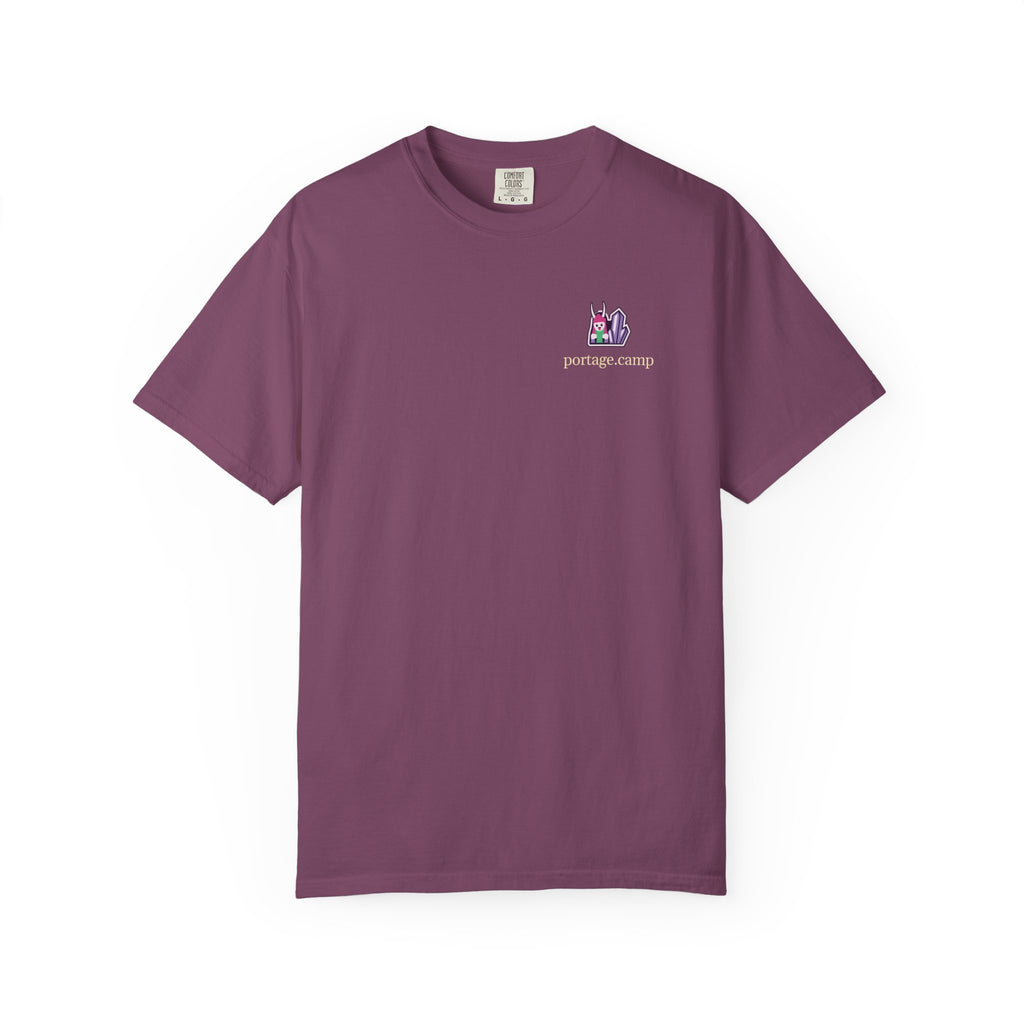 Amethyst After Hours Garment-Dyed Tee in Berry, front view with the Amethyst After Hours logo and portage.camp on the chest. Digital product mockup.