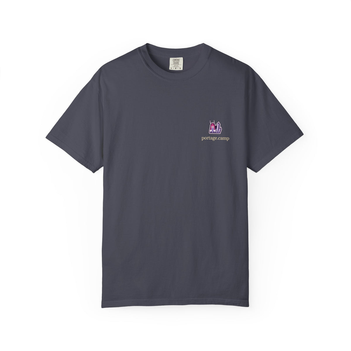 Amethyst After Hours Garment-Dyed Tee in Navy, front view with the Amethyst After Hours logo and portage.camp on the chest. Digital product mockup.