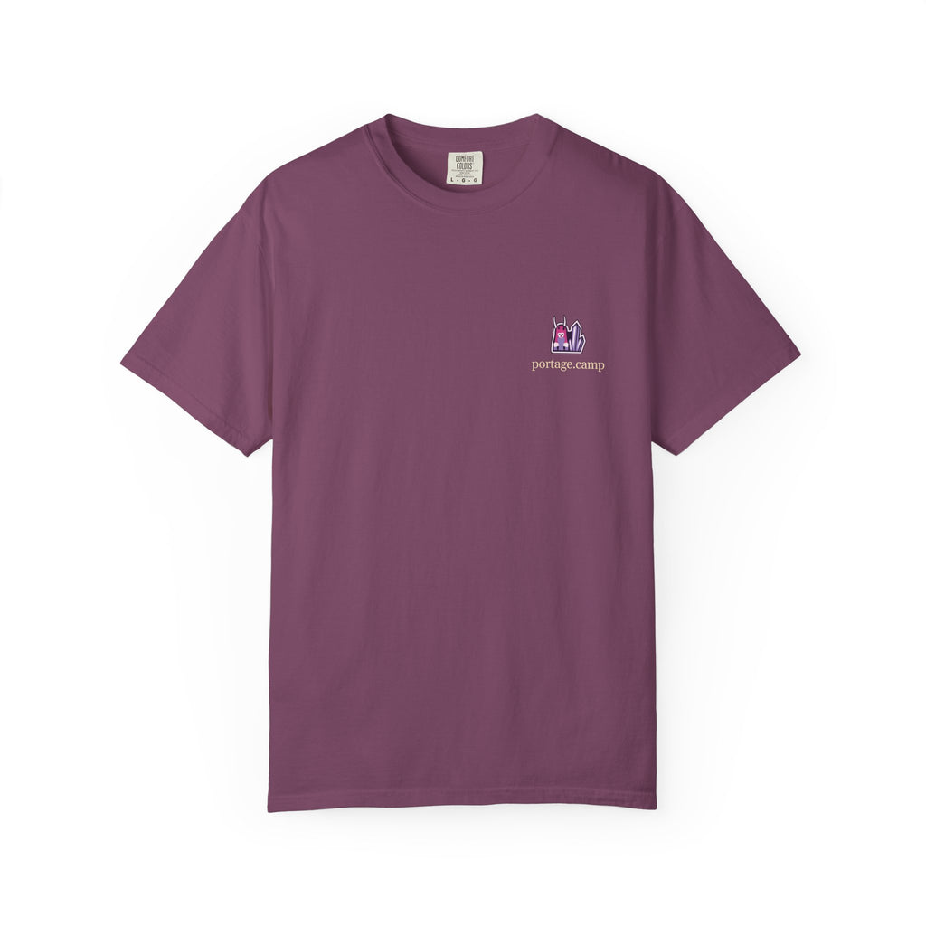 Amethyst After Hours Garment-Dyed Tee in Berry, front view with the Amethyst After Hours logo and portage.camp on the chest. Digital product mockup.