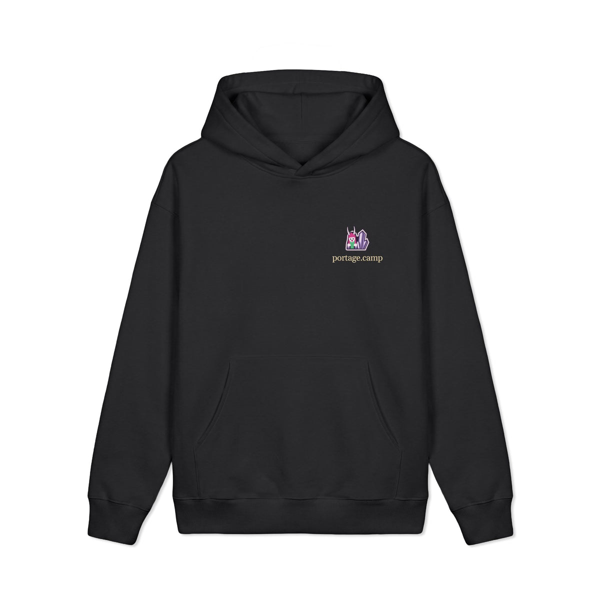 Amethyst After Hours Heavyweight Hoodie in Black, front view with the Amethyst After Hours logo and portage.camp on the left chest. Digital product mockup.