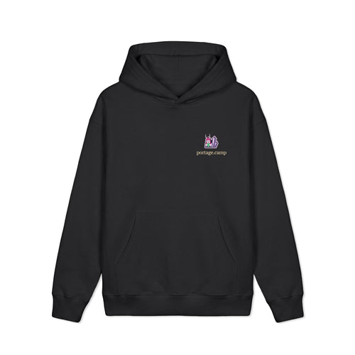 Amethyst After Hours Heavyweight Hoodie in Black, front view with the Amethyst After Hours logo and portage.camp on the left chest. Digital product mockup.
