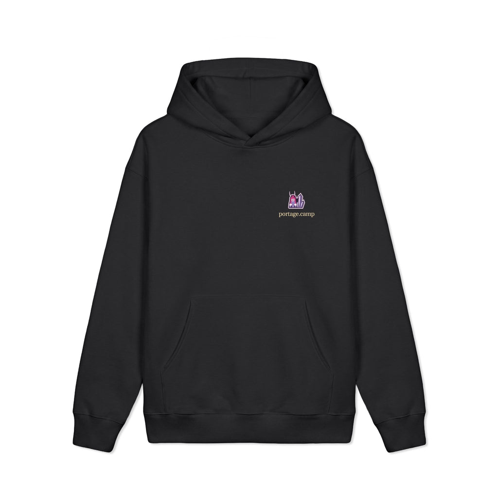 Amethyst After Hours Heavyweight Hoodie in Black, front view with the Amethyst After Hours logo and portage.camp on the left chest. Digital product mockup.
