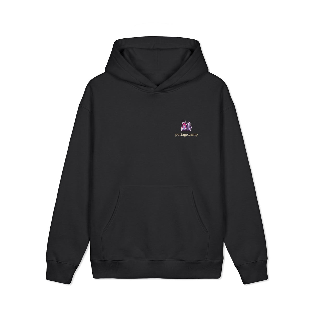 Amethyst After Hours Heavyweight Hoodie in Black, front view with the Amethyst After Hours logo and portage.camp on the left chest. Digital product mockup.
