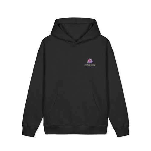 Amethyst After Hours Heavyweight Hoodie in Black, front view with the Amethyst After Hours logo and portage.camp on the left chest. Digital product mockup.