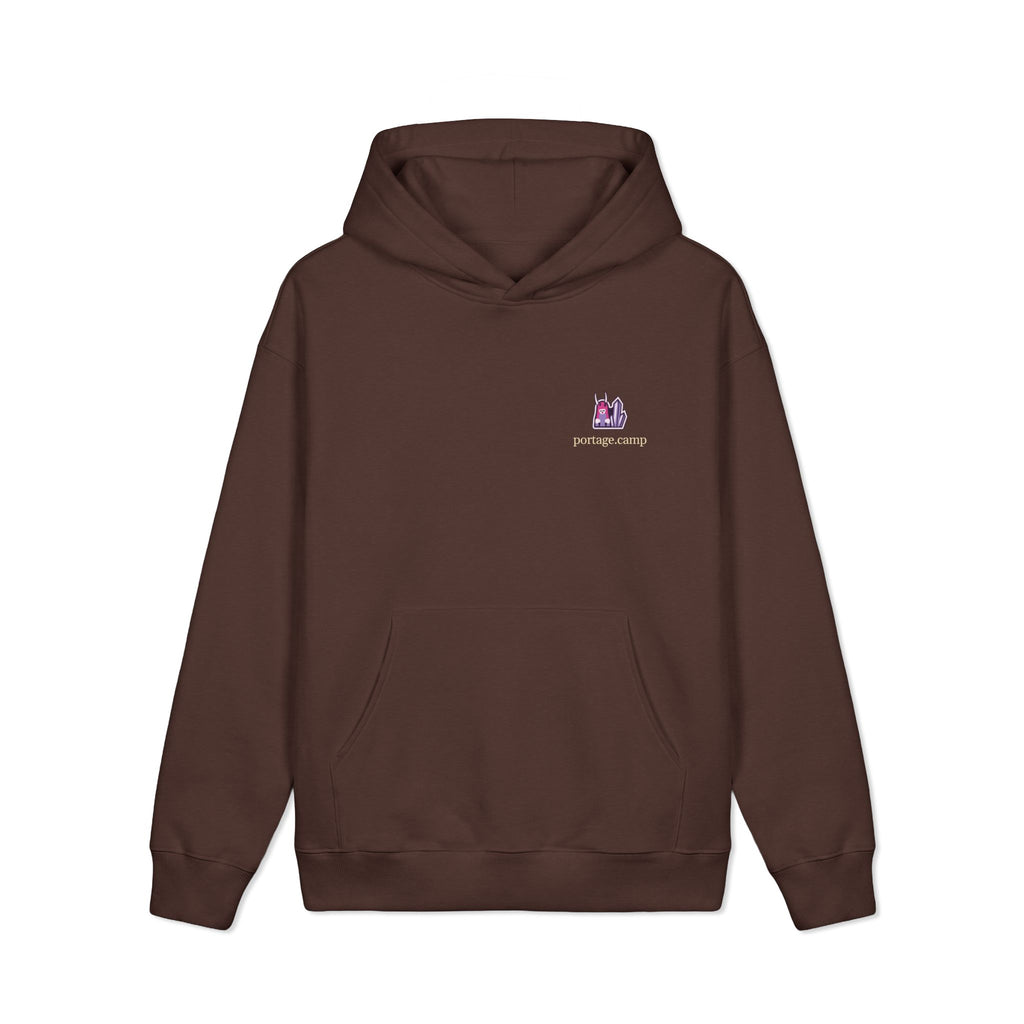 Amethyst After Hours Heavyweight Hoodie in Brown, front view with the Amethyst After Hours logo and portage.camp on the left chest. Digital product mockup.