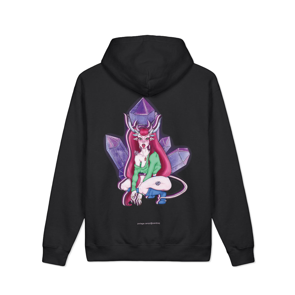Amethyst After Hours Heavyweight Hoodie in Black, back view with the large illustrated print. Digital product mockup.
