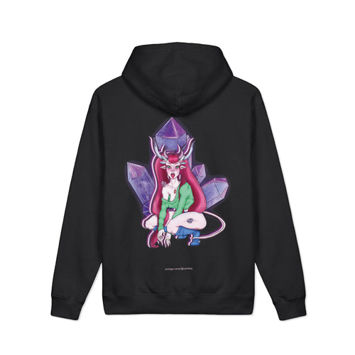 Amethyst After Hours Heavyweight Hoodie in Black, back view with the large illustrated print. Digital product mockup.