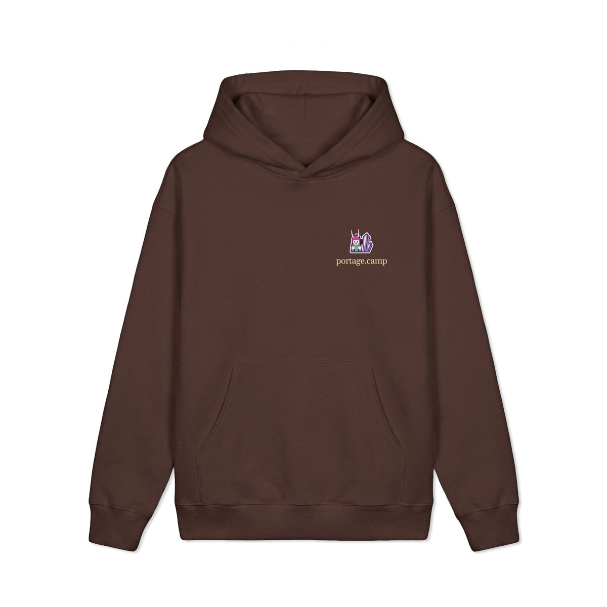 Amethyst After Hours Heavyweight Hoodie in Brown, front view with the Amethyst After Hours logo and portage.camp on the left chest. Digital product mockup.