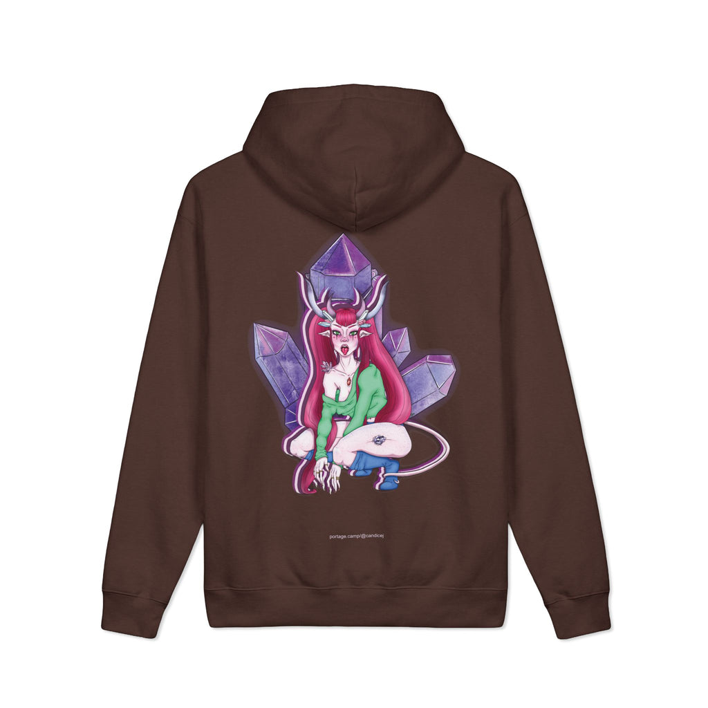 Amethyst After Hours Heavyweight Hoodie in Brown, back view with the large illustrated print. Digital product mockup.