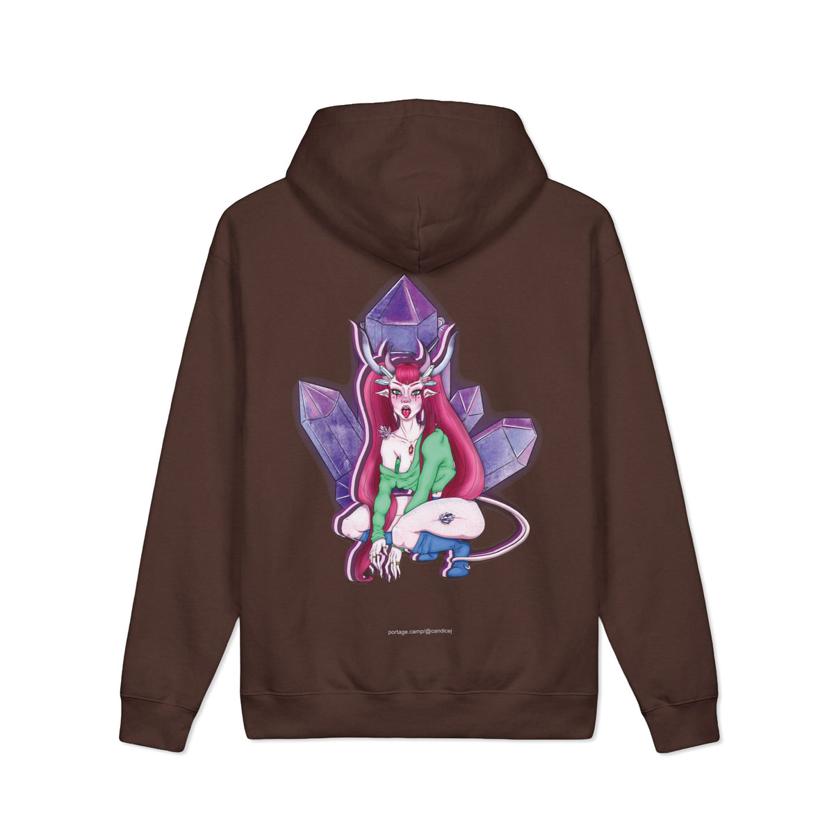 Amethyst After Hours Heavyweight Hoodie in Brown, back view with the large illustrated print. Digital product mockup.