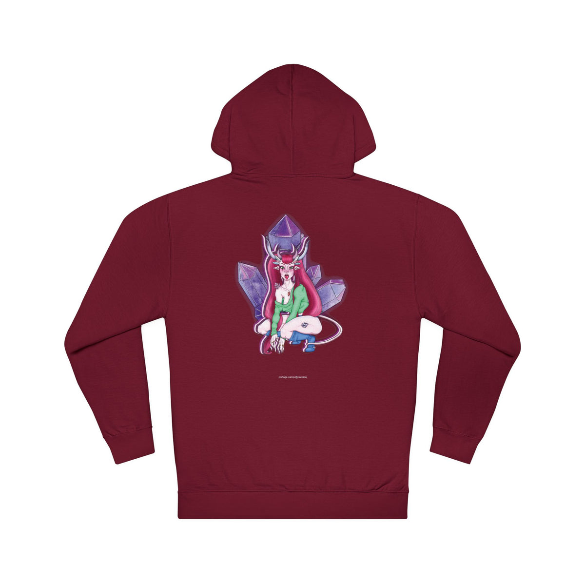 Amethyst After Hours Midweight Hoodie in Maroon, back view with the large illustrated print. Digital product mockup.
