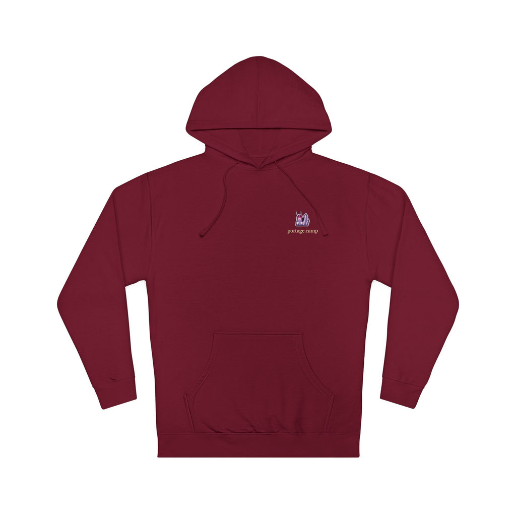 Amethyst After Hours Midweight Hoodie in Maroon, front view with the Amethyst After Hours logo and portage.camp on the chest. Digital product mockup.