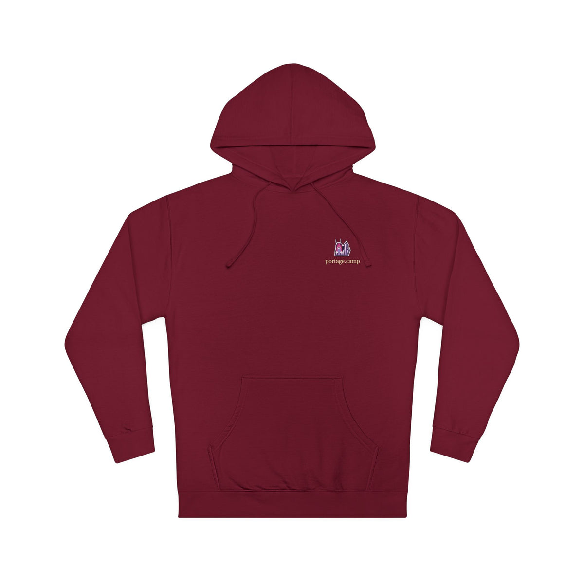 Amethyst After Hours Midweight Hoodie in Maroon, front view with the Amethyst After Hours logo and portage.camp on the chest. Digital product mockup.