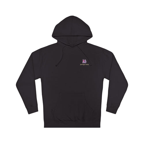 Amethyst After Hours Midweight Hoodie in Black, front view with the Amethyst After Hours logo and portage.camp on the chest. Digital product mockup.