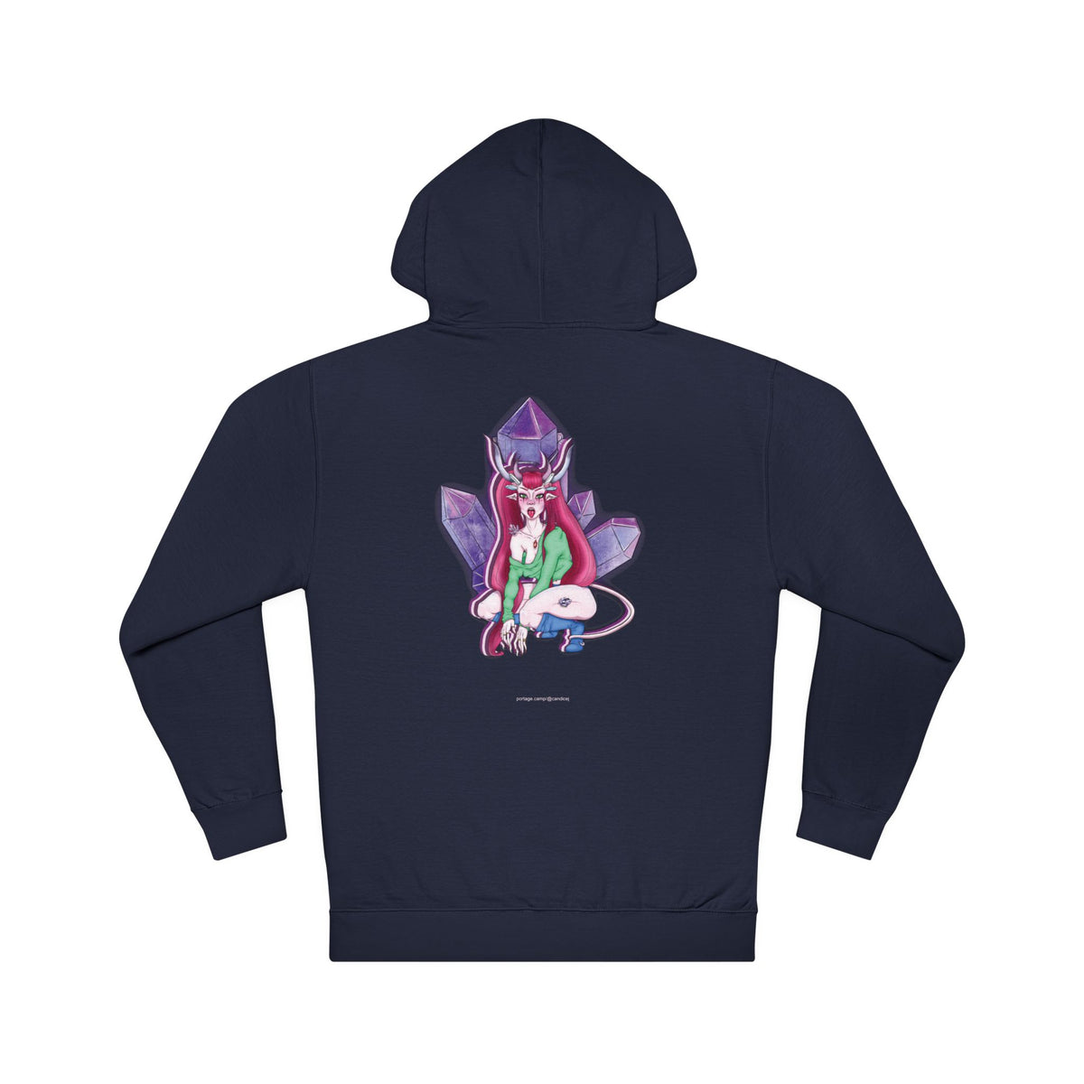 Amethyst After Hours Midweight Hoodie in Classic Navy, back view with the large illustrated print. Digital product mockup.