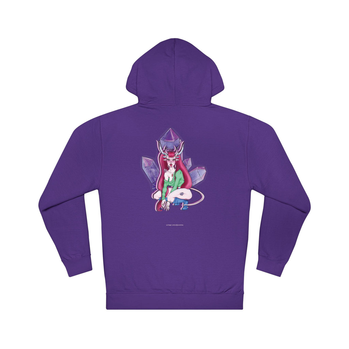 Amethyst After Hours Midweight Hoodie in Purple, back view with the large illustrated print. Digital product mockup.
