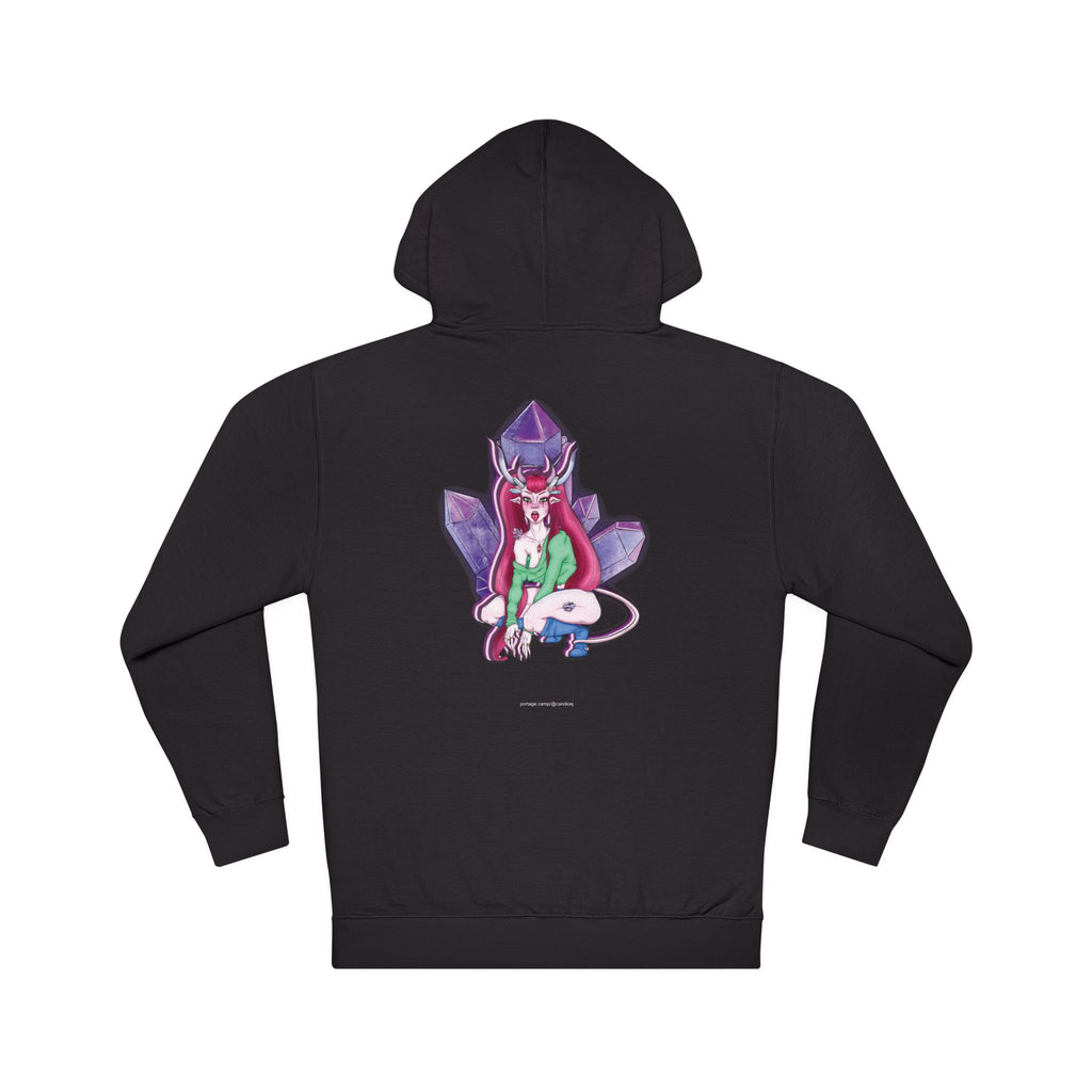 Amethyst After Hours Midweight Hoodie in Black, back view with the large illustrated print. Digital product mockup.