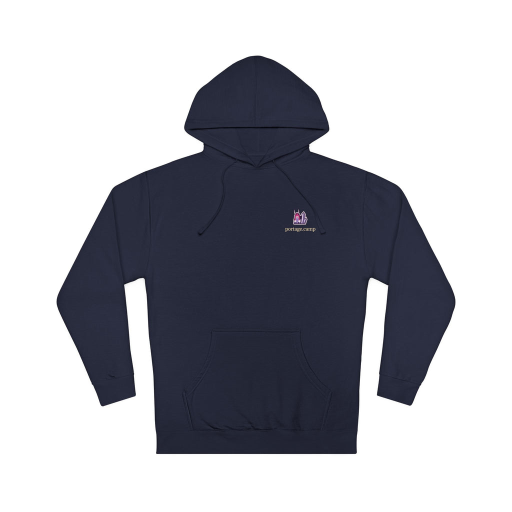 Amethyst After Hours Midweight Hoodie in Classic Navy, front view with the Amethyst After Hours logo and portage.camp on the chest. Digital product mockup.