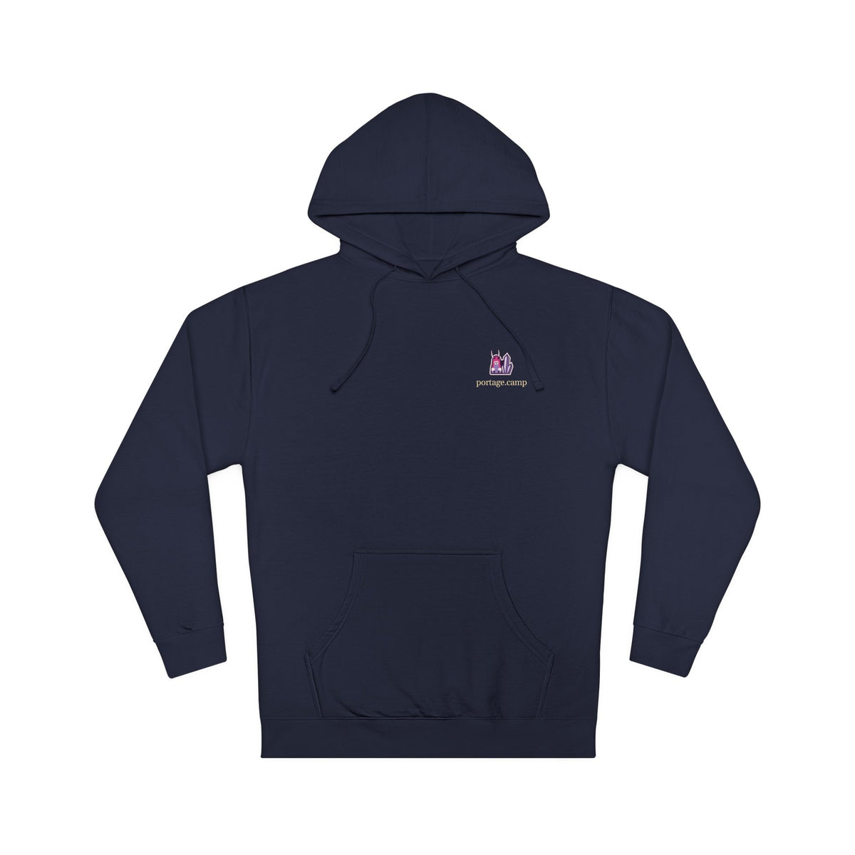 Amethyst After Hours Midweight Hoodie in Classic Navy, front view with the Amethyst After Hours logo and portage.camp on the chest. Digital product mockup.