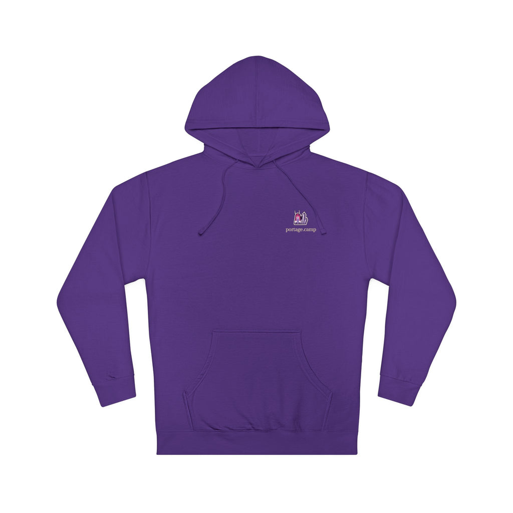 Amethyst After Hours Midweight Hoodie in Purple, front view with the Amethyst After Hours logo and portage.camp on the chest. Digital product mockup.