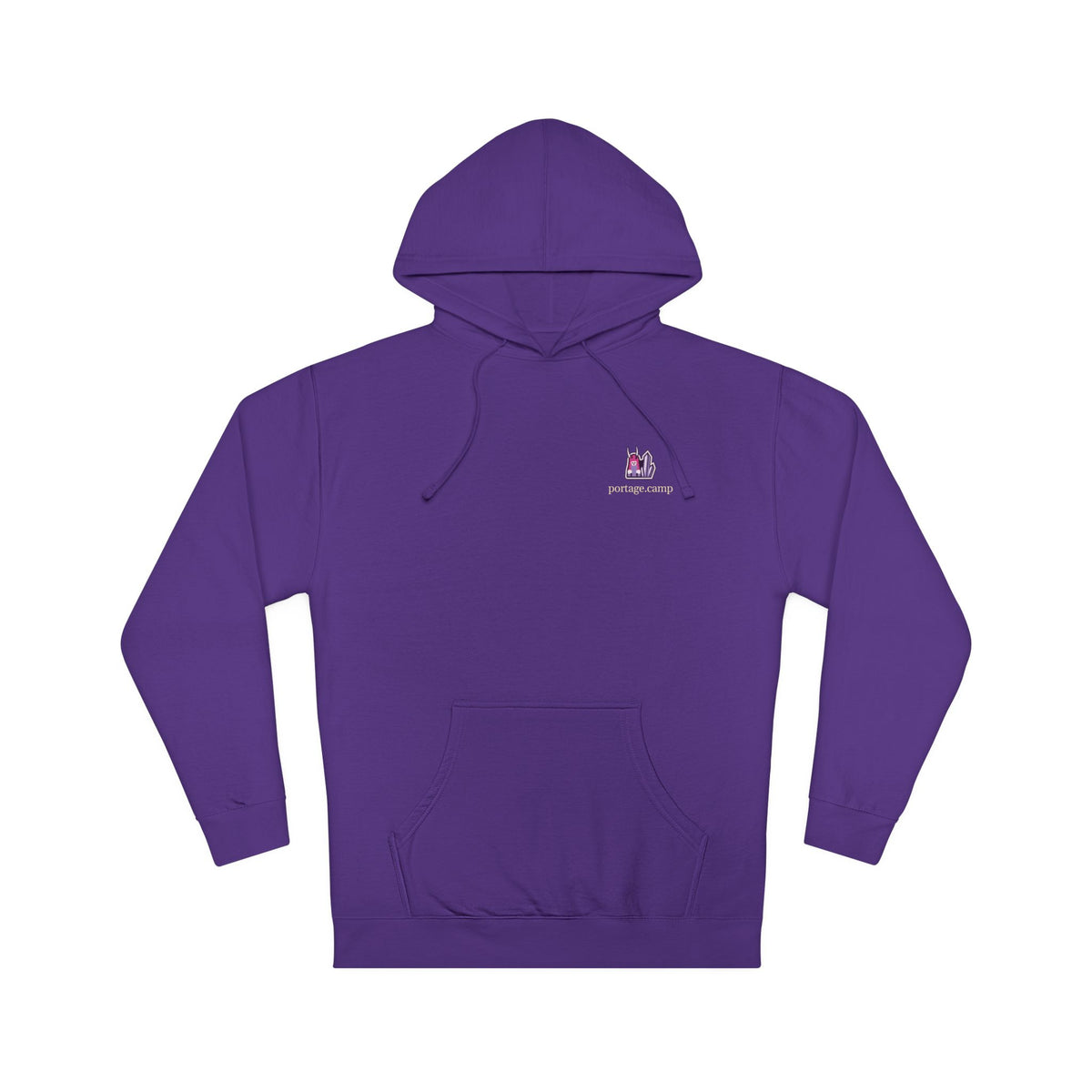 Amethyst After Hours Midweight Hoodie in Purple, front view with the Amethyst After Hours logo and portage.camp on the chest. Digital product mockup.