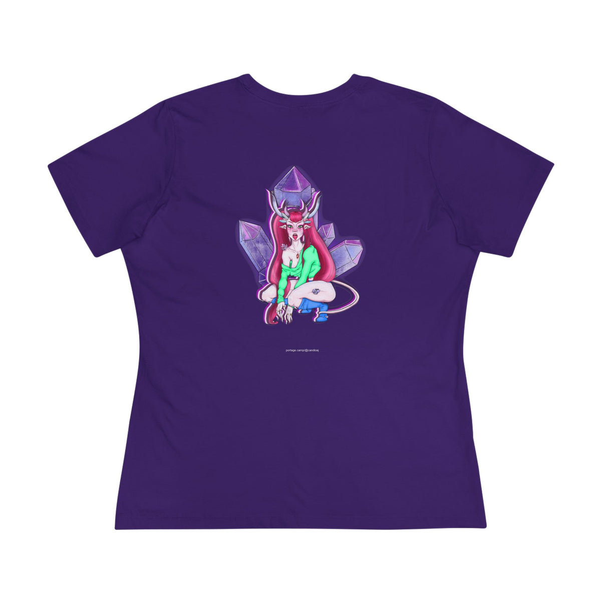 Amethyst After Hours Women’s Relaxed Tee in Team Purple, back view with the large illustrated print. Digital product mockup.
