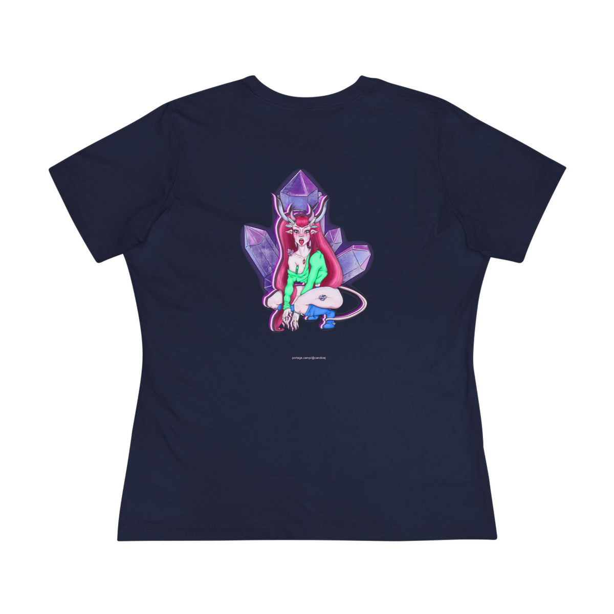 Amethyst After Hours Women’s Relaxed Tee in Navy, back view with the large illustrated print. Digital product mockup.