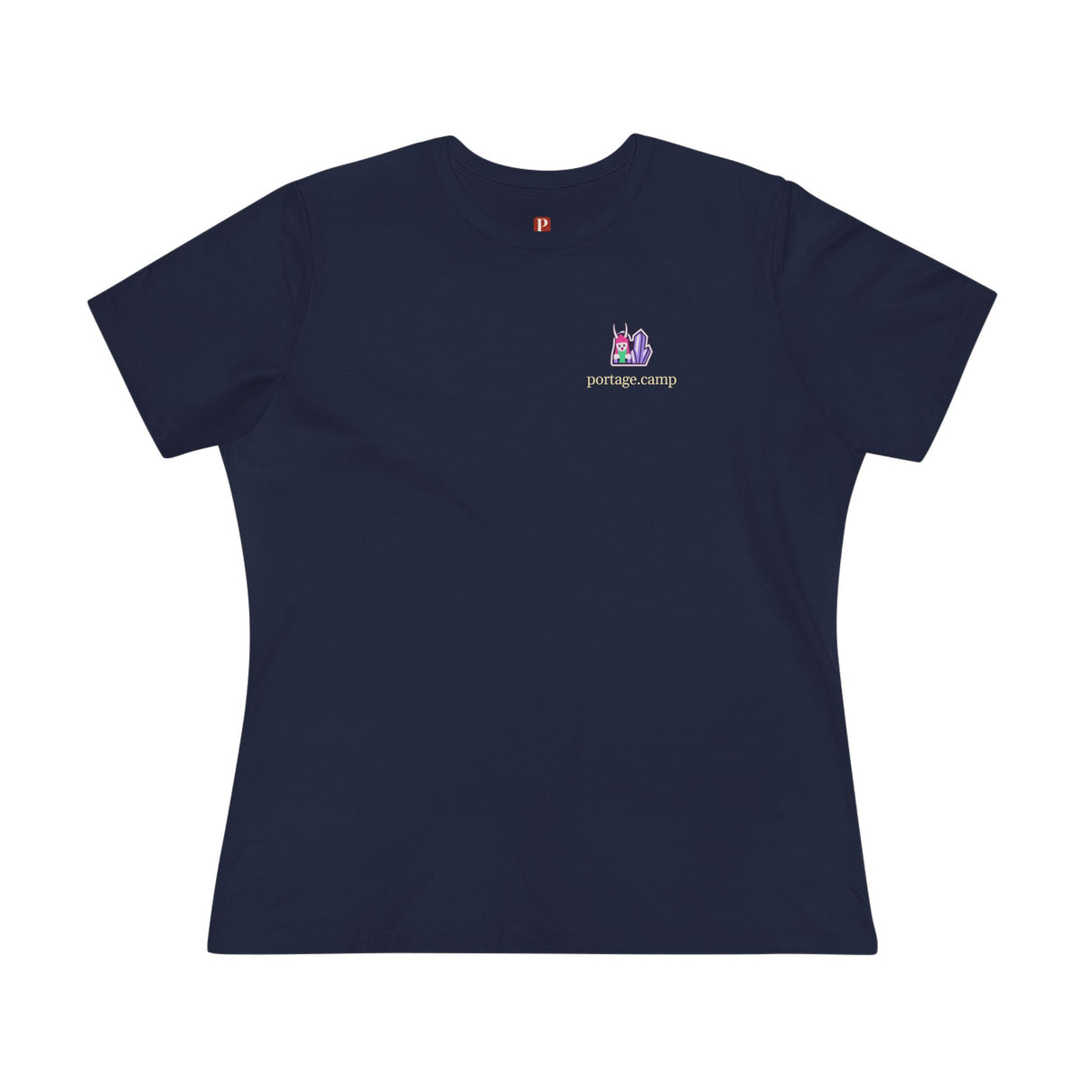 Amethyst After Hours Women’s Relaxed Tee in Navy, front view with the Amethyst After Hours logo and portage.camp on the chest. Digital product mockup.