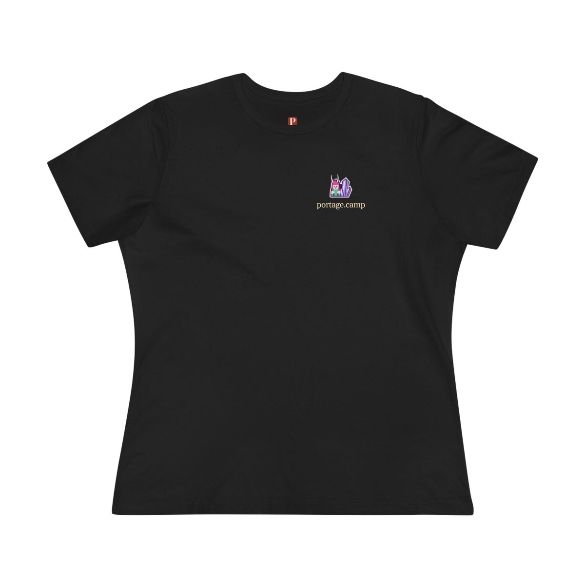 Amethyst After Hours Women’s Relaxed Tee in Black, front view with the Amethyst After Hours logo and portage.camp on the chest. Digital product mockup.